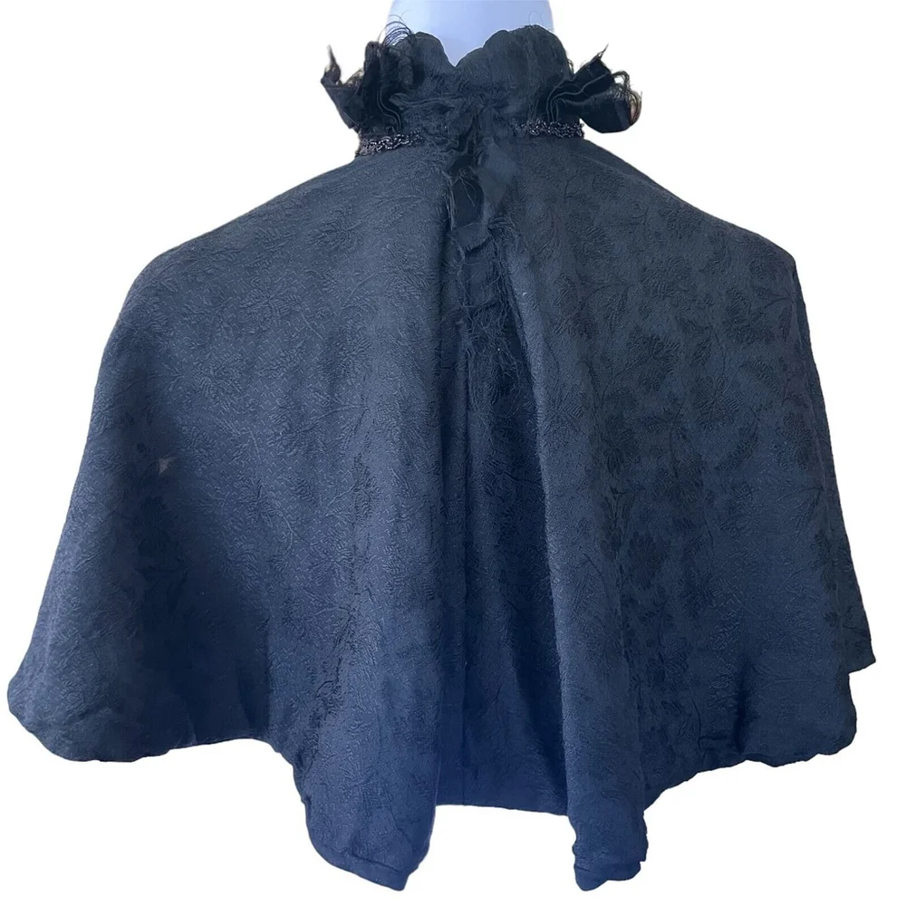 Victorian Edwardian Black Brocade Cape Feather Beaded